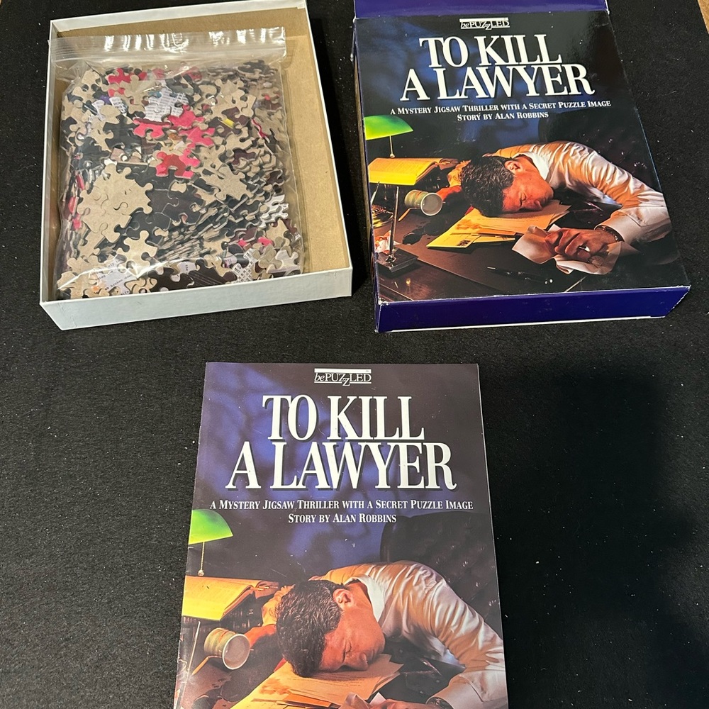 Bepuzzled brand mystery jigsaw puzzle, 1000 pieces, title is To kill a lawyer